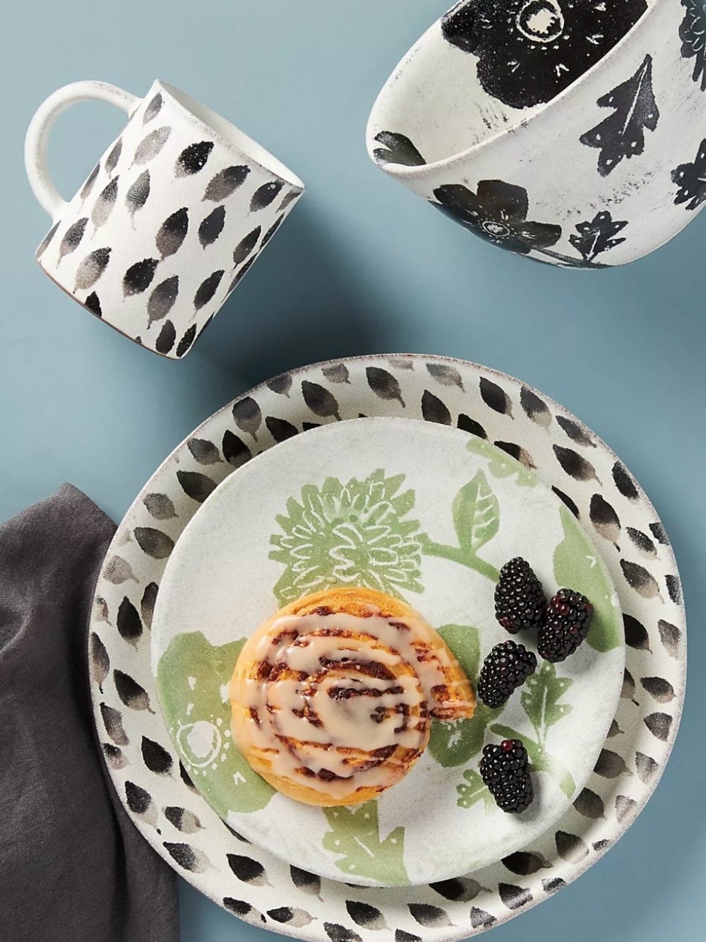 Set of 2 Anthropologie Hayami Salad Plates - Black & White Leaf Pattern